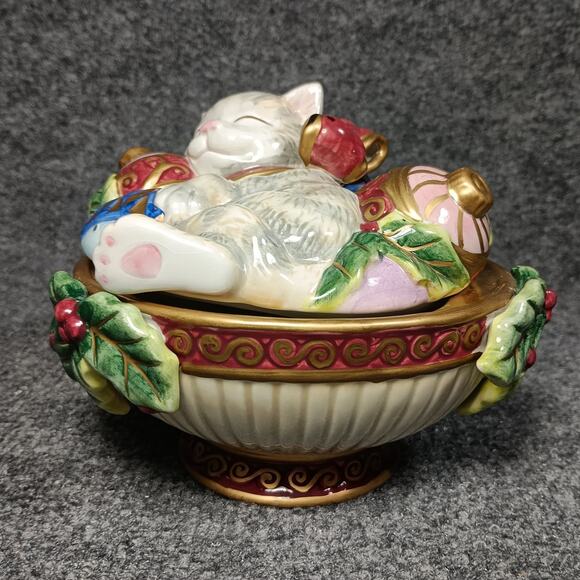 Fitz And Floyd Christmas Cat Trinket Box Porcelain Holiday Kitten Lid Candy Dish - Picture 8 of 11